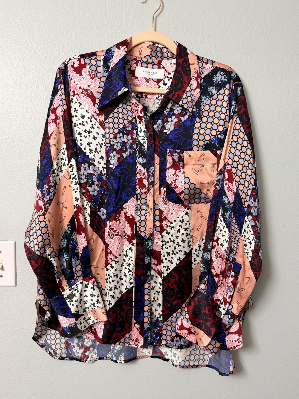 Equipment Multicolor Patchwork Print 100% Silk Button-Down Shirt